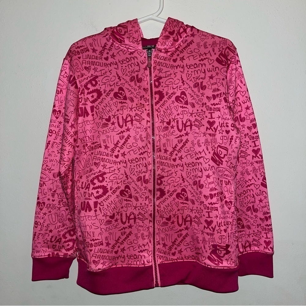 Under Armour Pink All Over Full Zip Up Hoodie Sweatshirt Girls Size Medium